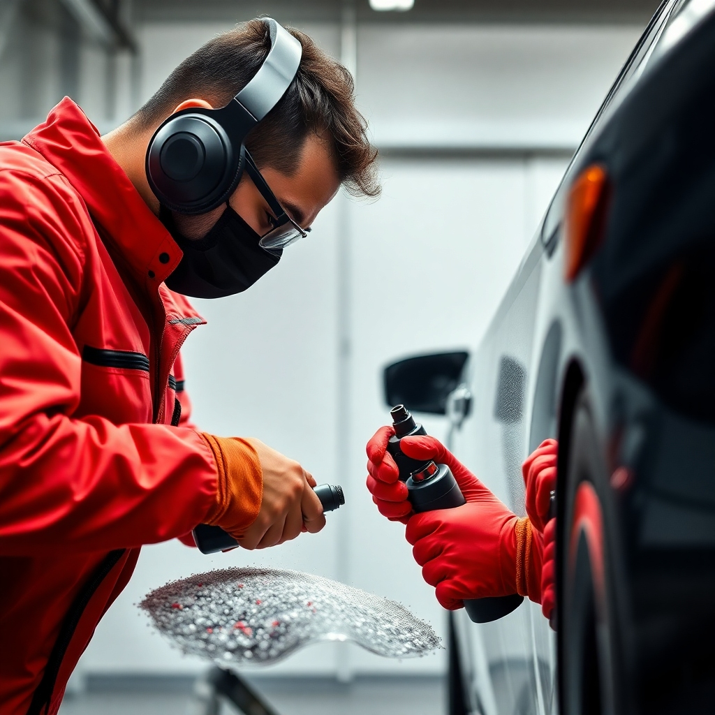 Show a photorealistic image emphasizing the highly skilled car detailing professionals. Focus on their expertise and use of advanced tools and products.  The scene should use a color palette representing trust and high quality.  The composition should be clear and concise, focusing on the interaction between detailers and the vehicle. Overall style should be professional and reassuring. Resolution: 1080p