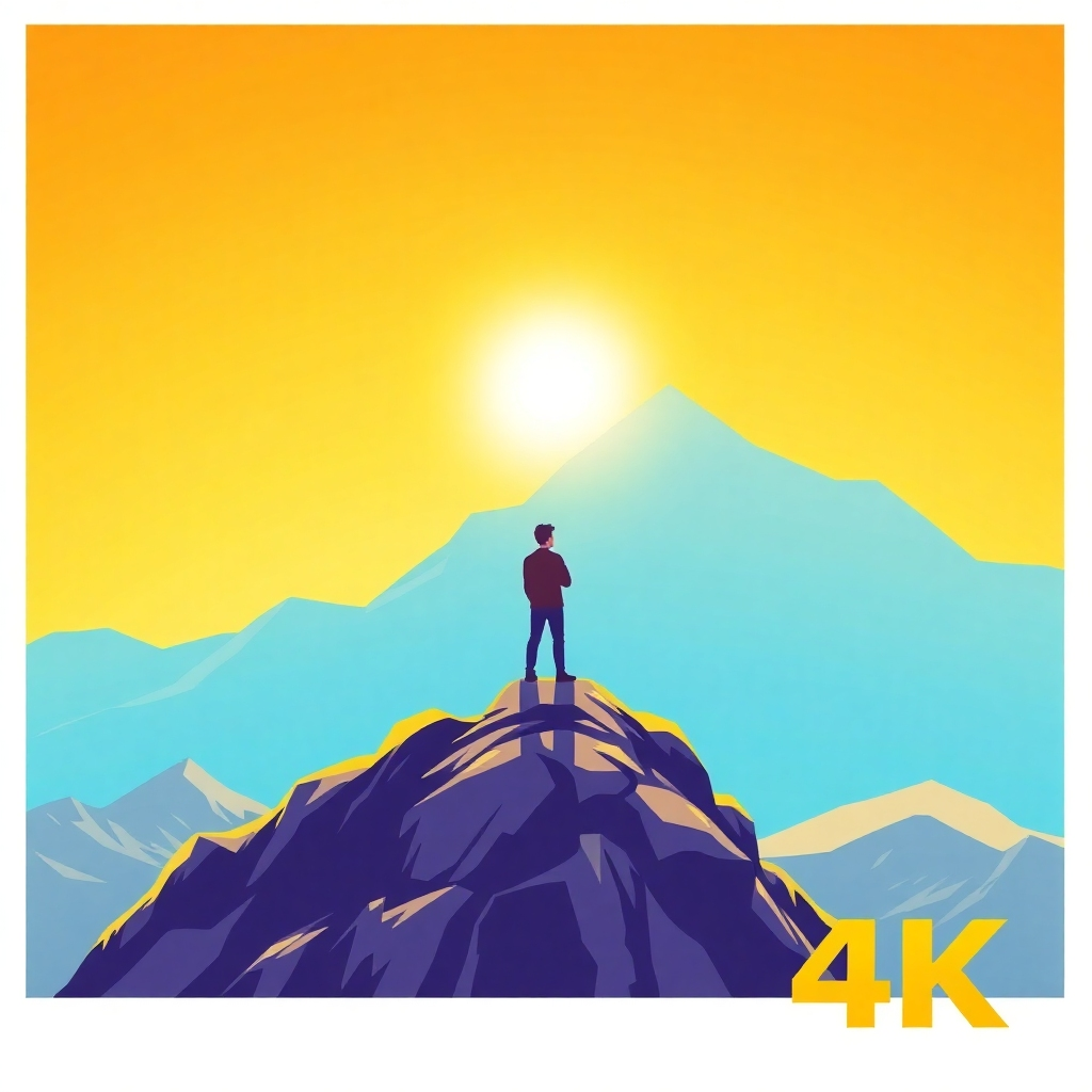 Stylized image, 4K resolution.  A person standing on top of a mountain, looking out at a bright, sunny future. Symbolic representation of reaching your full potential. Focus on optimistic colours and lighting.