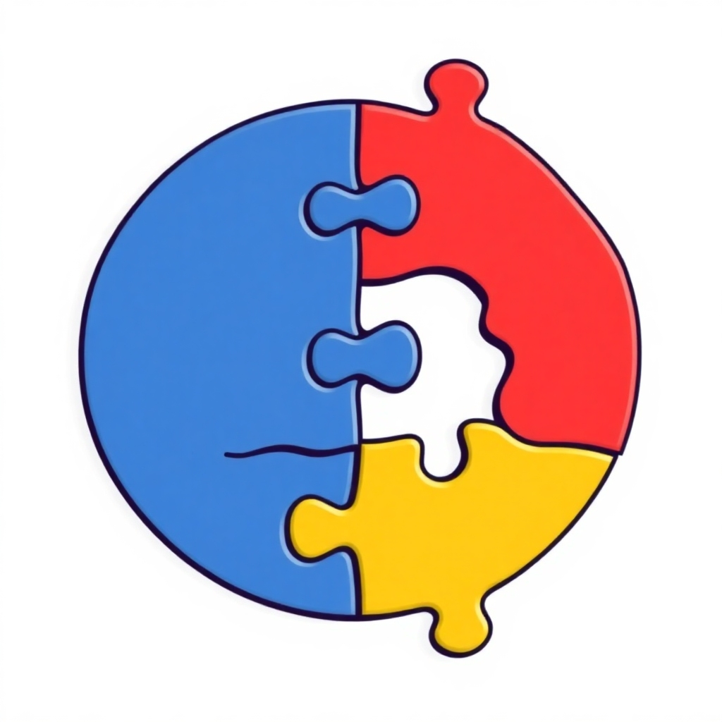 Stylized image:  A puzzle coming together, forming a successful business outcome. Bright colors. Style reference:  abstract puzzle design