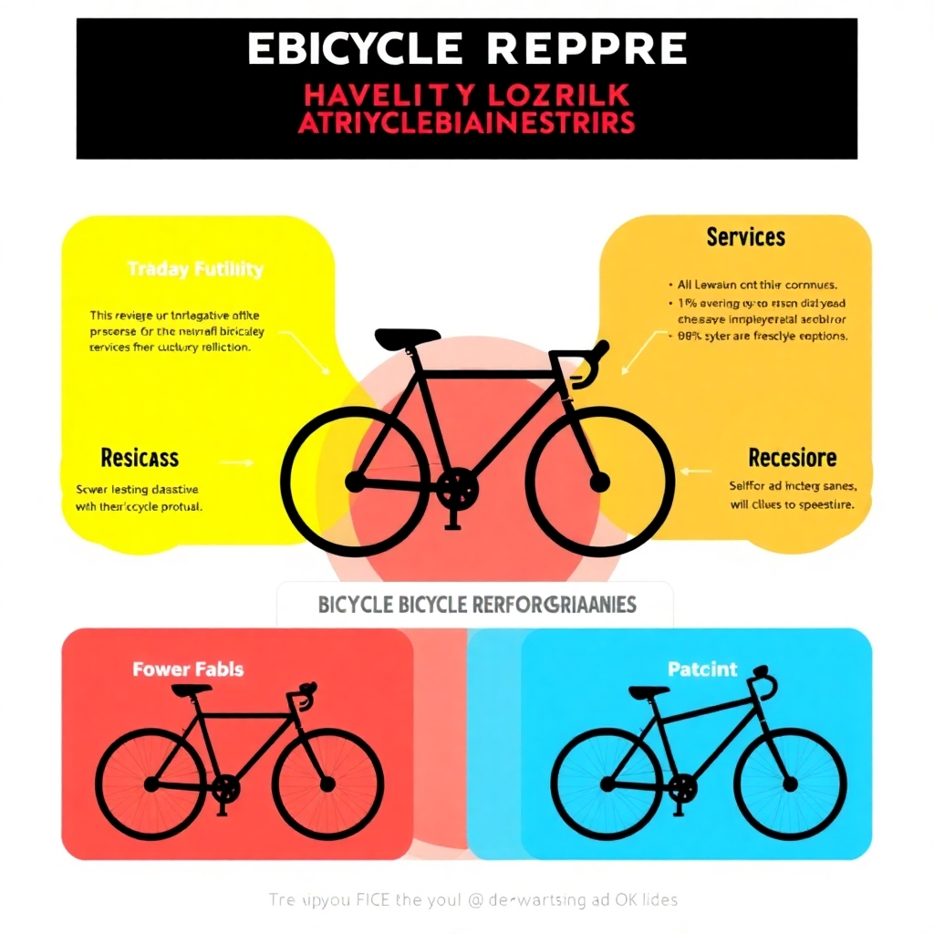 Stylized image, an infographic showcasing the diversity of bicycle repair services offered. 4K resolution. Clean and simple design. Color palette is consistent with the brand's colors. Style: modern and informative