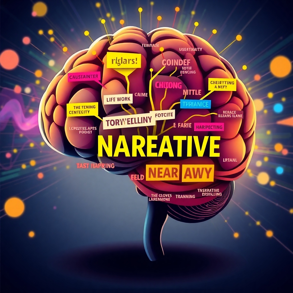 Stylized image of a brain with interconnected ideas and words forming a narrative structure. The image uses a vibrant color palette and dynamic composition to reflect the creative energy involved in storytelling. The colors would be bright and inviting. The image references a futuristic perspective and creativity.