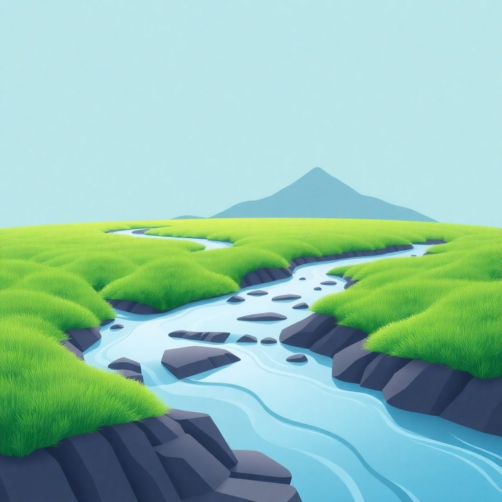 Stylized image of financial data visualized as a flowing river leading to a lush green field, representing growth and stability. Use a calm color palette and subtle animation. Style reference: abstract financial visualization