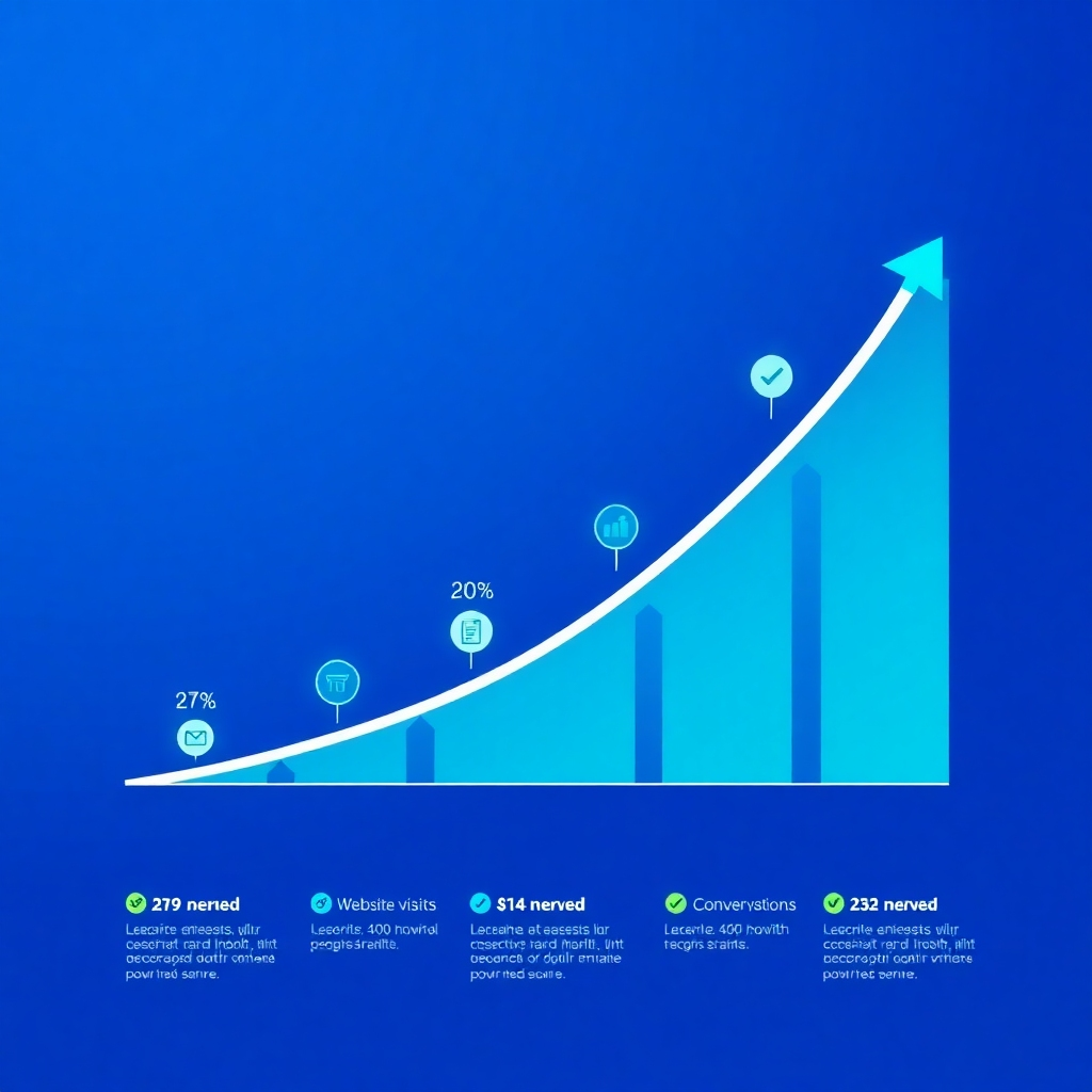 Stylized infographic illustration, 4K resolution, showing a clear upward graph line representing sales growth, with small data points and icons illustrating metrics such as website visits, clicks, and conversions. The overall style should be simple and clean.  Color palette could be a mix of bright blue (positive trajectory), teal (growth) and green (stability). The composition should emphasize the upward trend, using visuals that show progress over time. Texture is smooth and minimal, without unnecessary details.