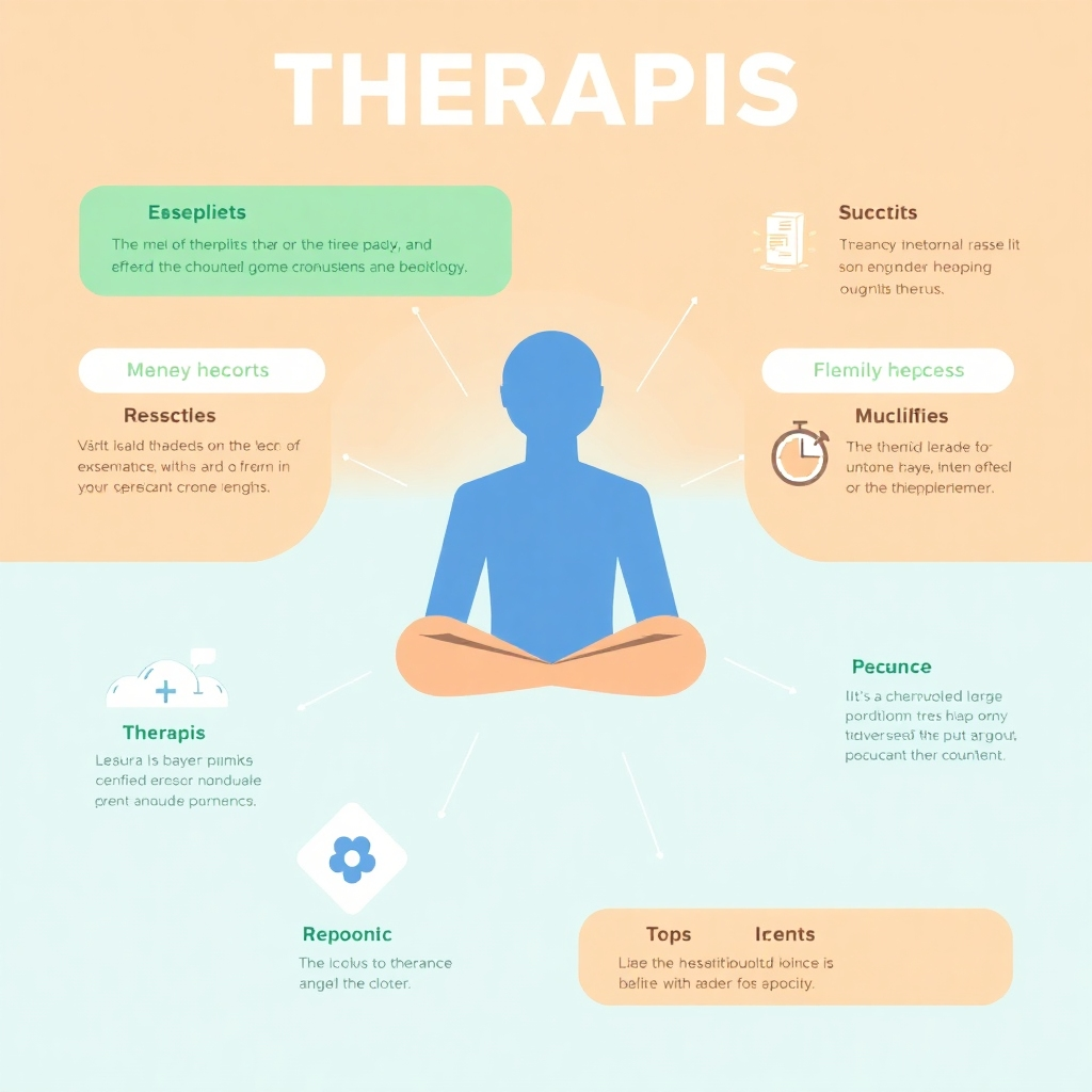 Stylized infographic image, 4K resolution.  Illustrates the various types of therapies with clear, concise symbols and icons. Clear color palette and professional design.
