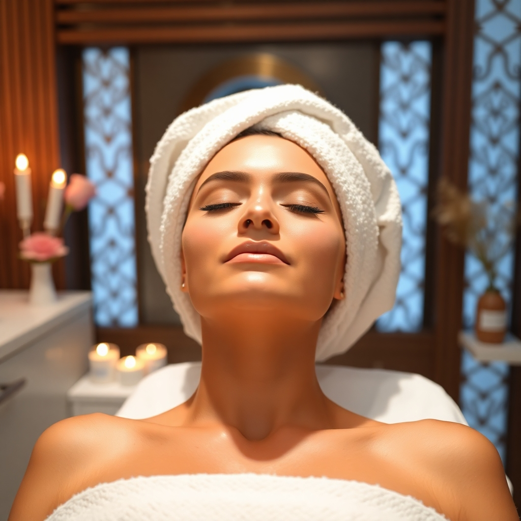 A photorealistic image showcasing a serene spa setting. A person is receiving a relaxing facial massage, with soft lighting, calming colors, and essential oil diffusers visible.  Emphasize the peaceful atmosphere and the client's relaxed expression.  High-quality towels and other spa amenities should be subtly featured.