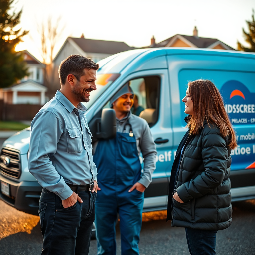 A 4K, high-quality image showcasing the 'Windscreens Replaced' mission. The scene depicts a friendly technician interacting with a customer next to a van clearly marked with the company logo. The backdrop is a residential street, indicating the mobile service aspect. The lighting is warm and inviting, creating a sense of trust and reliability. The color palette is professional, using blues, whites, and greys with a pop of the company's branding color. The camera angle is medium, capturing the interaction and the van in the background. Texture details should highlight the clean and professional appearance of the technician and the vehicle. Style references: Modern service industry photography, aiming for authenticity and approachability.