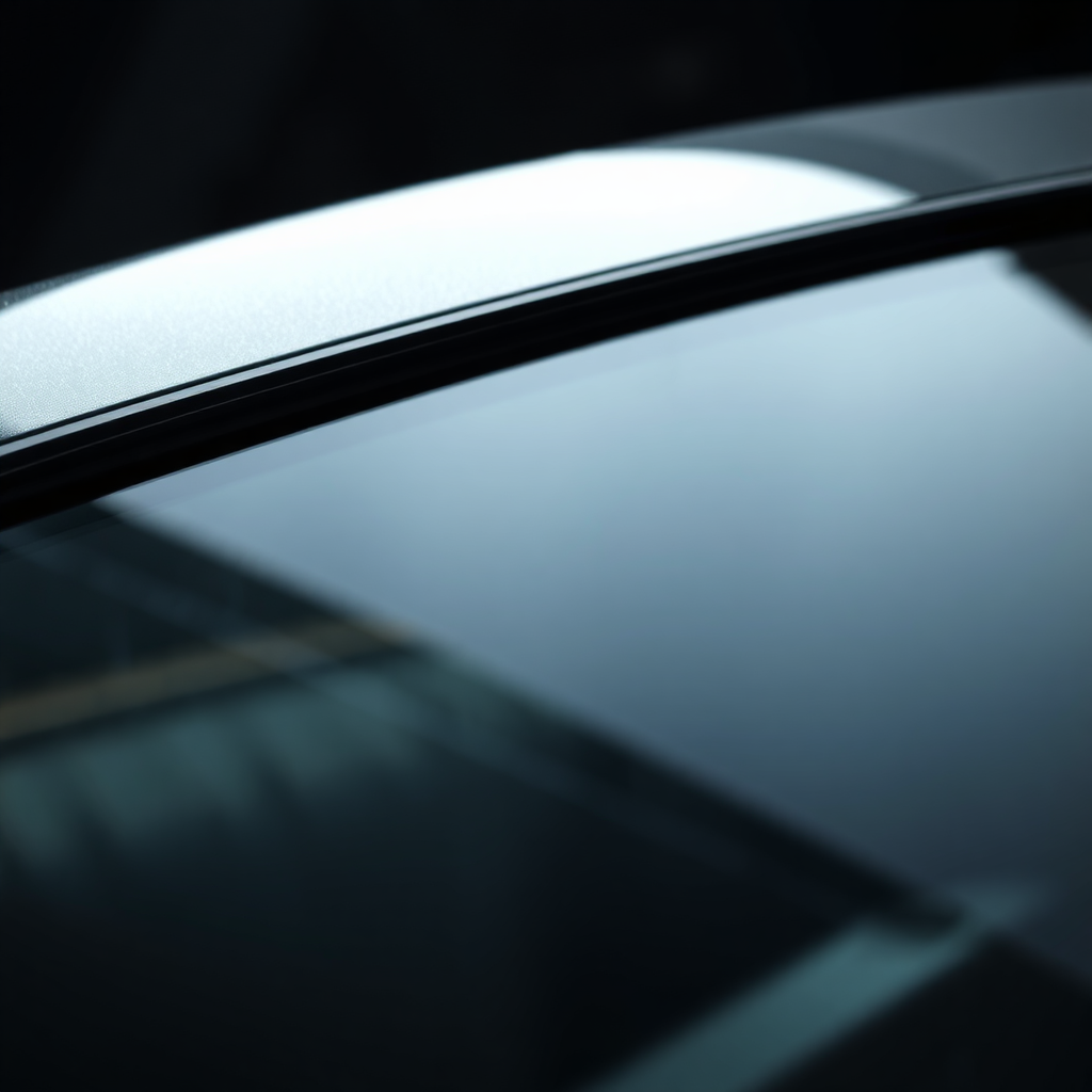 A close-up, macro shot of a perfectly installed windscreen, highlighting the seamless fit and finish. The image emphasizes the quality of the materials used. The lighting is dramatic, showcasing the clarity of the glass. 4K resolution, photorealistic.