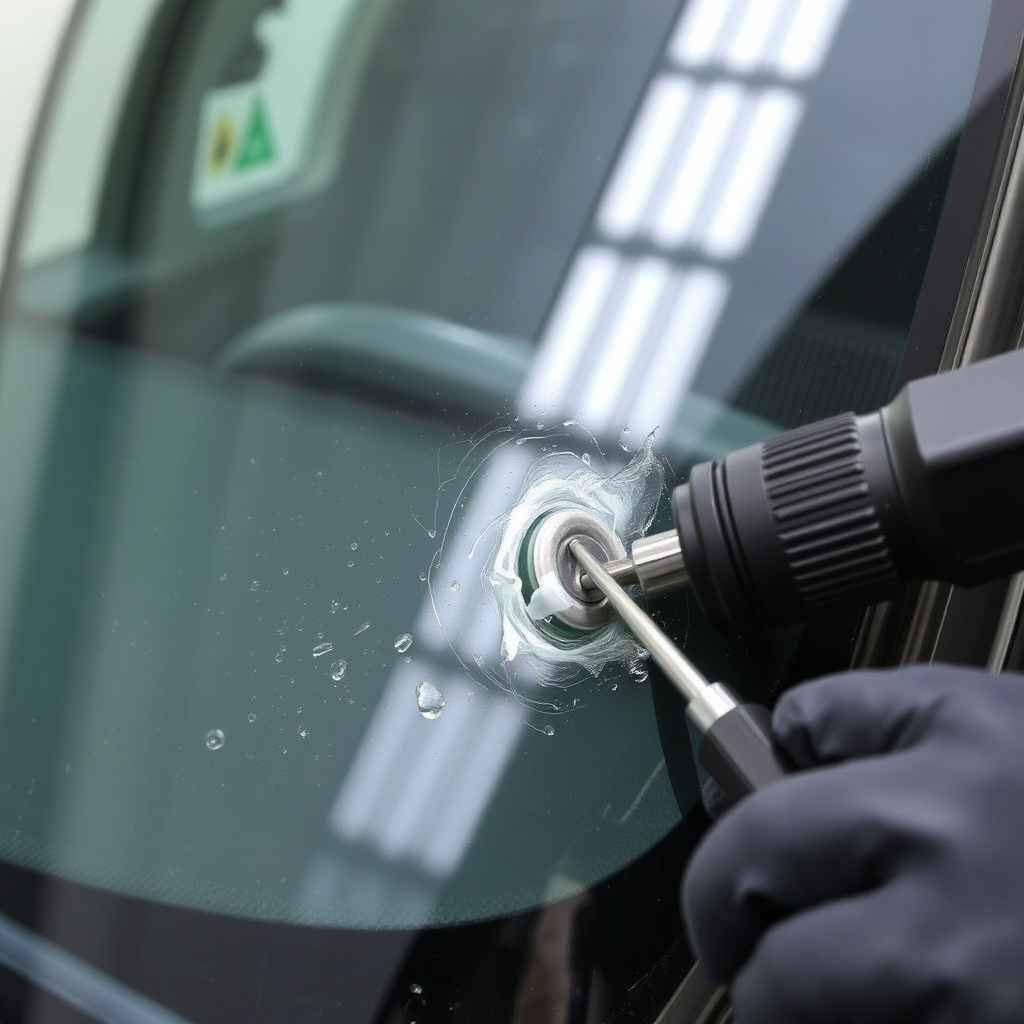 A close-up of a windscreen being repaired, with specialized tools and equipment visible. The image highlights the repair process and the restoration of clarity.