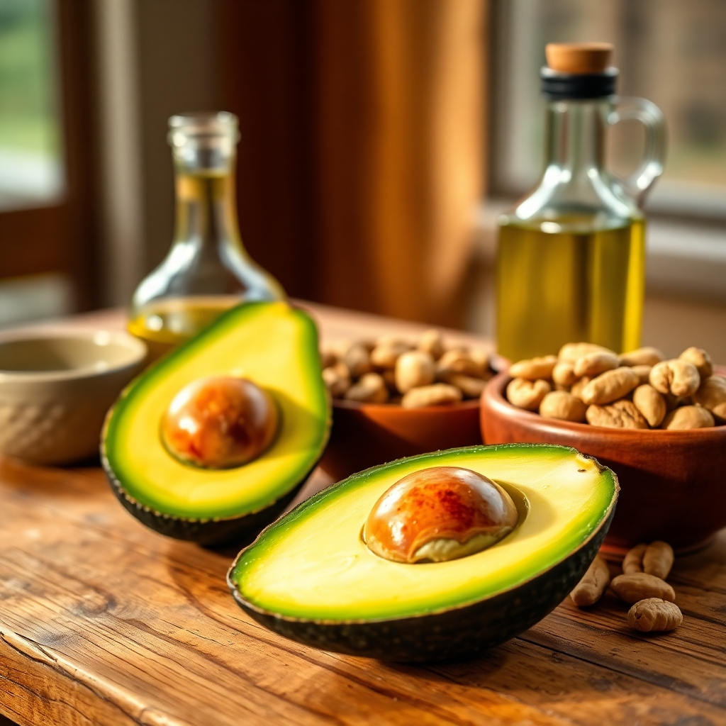 A close-up shot of a vibrant avocado sliced open, revealing creamy flesh, alongside a bowl of mixed nuts and a bottle of extra virgin olive oil, all arranged on a rustic wooden table, bathed in warm, natural light. The background is blurred, focusing attention on the healthy fats.