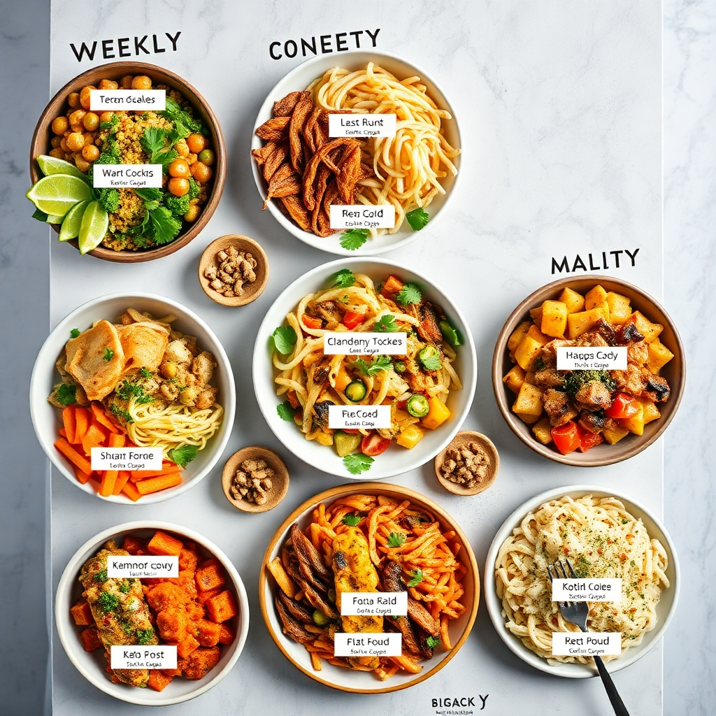 A detailed overhead shot of a weekly keto meal plan, visually appealing, featuring a variety of colorful keto-friendly dishes, showcasing variety and deliciousness. Each dish has a label with the recipe name and macros. The background is a clean, minimalist kitchen setting.