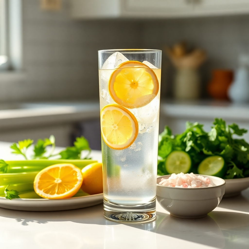 A glass of electrolyte-enhanced water with lemon slices and ice, next to a plate of fresh vegetables like celery and cucumber, and a small bowl of Himalayan pink salt. The setting is a bright, clean kitchen counter, with sunlight illuminating the scene.