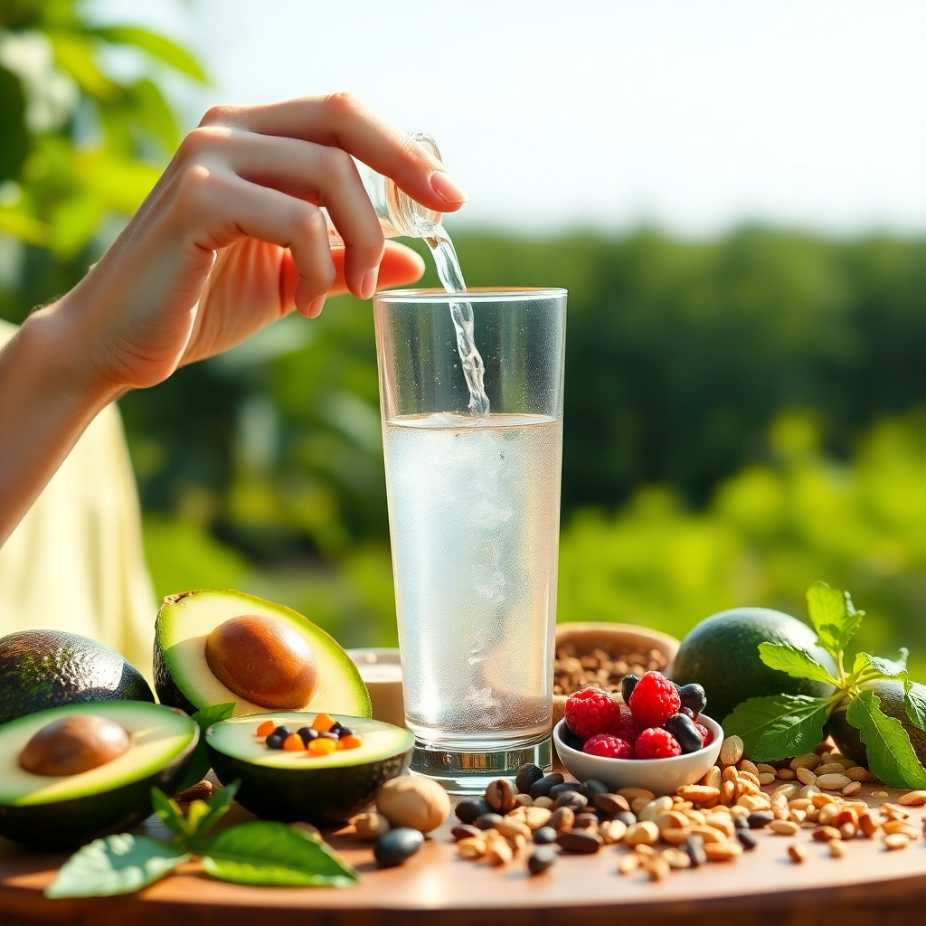 A person is drinking water from a glass. It's a bright, cheerful image that features many healthy-looking fresh foods around the glass such as avocados, berries, nuts, and seeds, and the background is a blurred image of a lush, green garden or field, photorealistic style