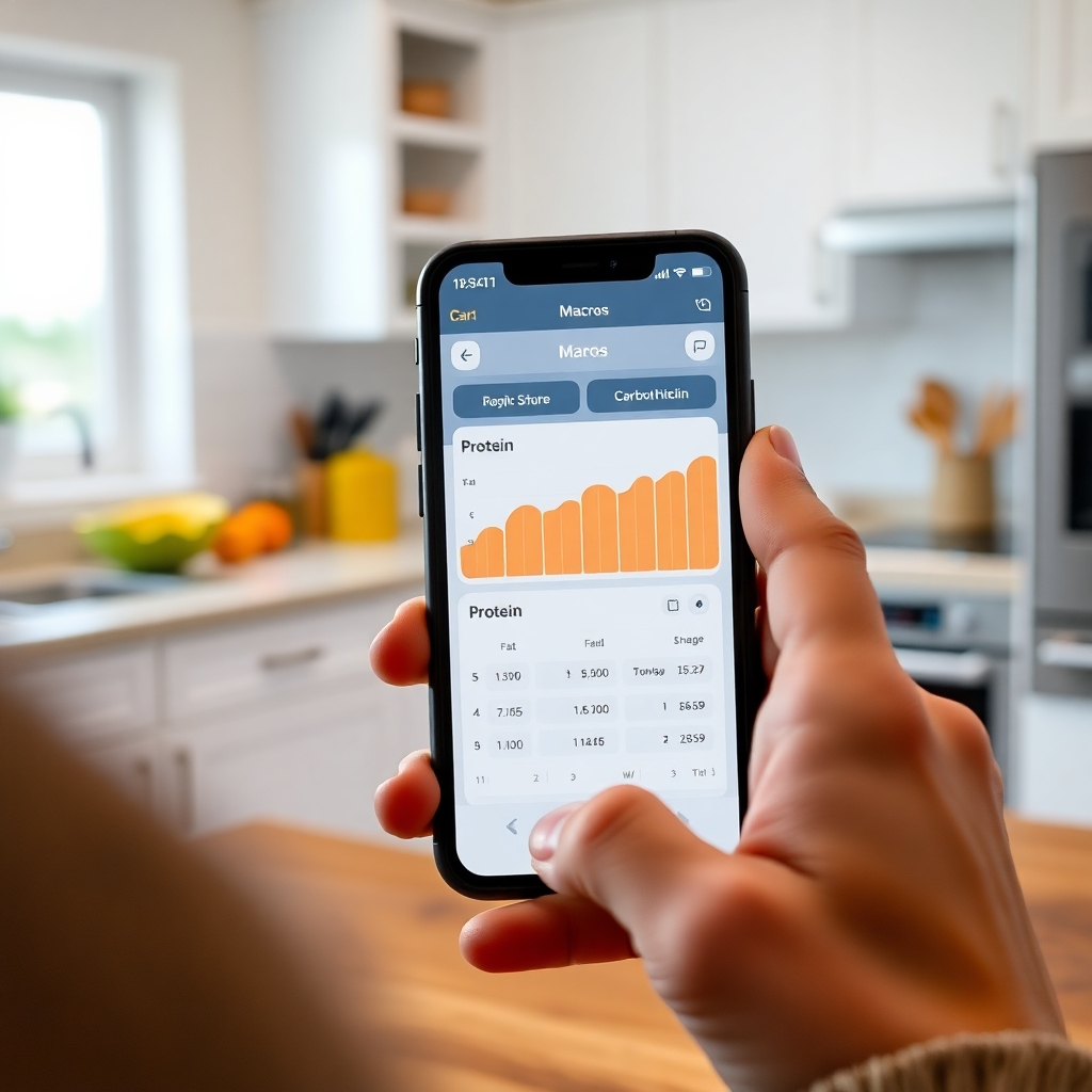 A person using a smartphone app to track their daily macros, with the app clearly showing charts and graphs of their carbohydrate, protein, and fat intake. The background should be a clean, minimalist kitchen setting, photorealistic style