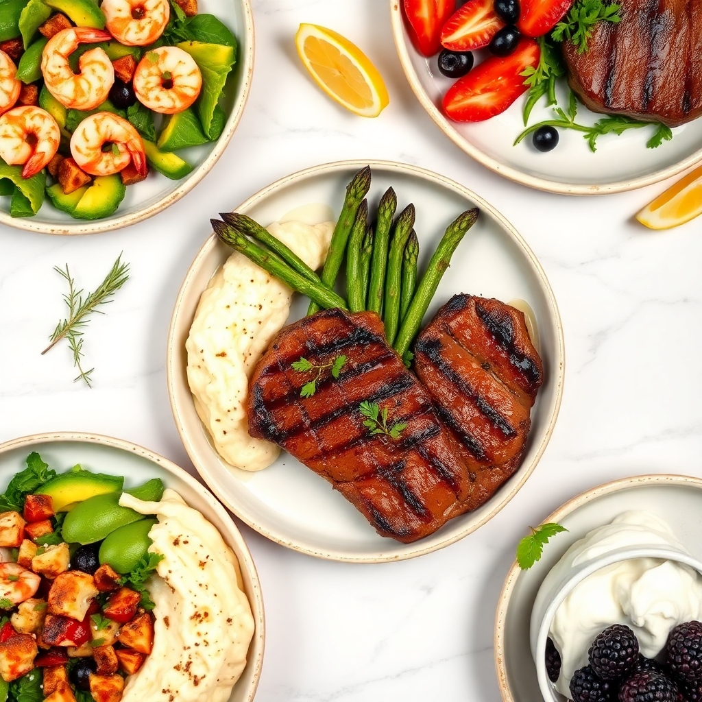 A photorealistic image, 8K resolution, hyperrealistic detail, of a meticulously arranged spread of keto-friendly meals. The composition features a variety of colorful, healthy dishes: a vibrant avocado salad with shrimp, a succulent steak with asparagus, creamy cauliflower mash, and a berry parfait with coconut cream. Soft diffused lighting creates a warm and inviting mood. The color palette is rich and natural, emphasizing fresh, healthy ingredients. The camera angle is a high-angle shot, looking down on the food from slightly above, showcasing the texture and details of each dish. The background is a minimalist white marble countertop. The image should evoke a sense of healthy eating and well-being. Textures are highly detailed, showing the smooth creaminess of the cauliflower mash, the juicy texture of the steak, and the crispness of the salad. The style should be reminiscent of food photography by Aran Goyoaga. Environmental elements include a small sprig of rosemary and a few lemon wedges for garnish. Props include elegant ceramic bowls and plates.