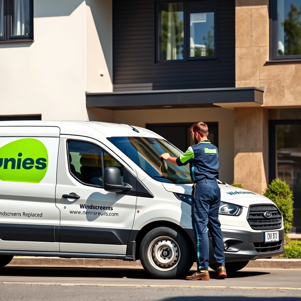  A photorealistic image depicting a 'Windscreens Replaced' van parked outside a modern house. A technician is shown carefully replacing a windscreen on a vehicle. The lighting is natural and bright, emphasizing the convenience of the mobile service. The color palette is clean and professional. Focus on the technician's expertise and the well-equipped van. 4k resolution.