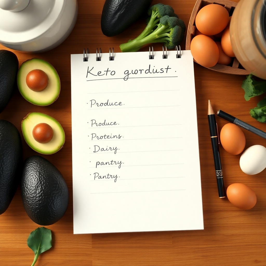 A photorealistic image, shot in soft, warm lighting, depicting a meticulously organized keto-friendly grocery shopping list. The image focuses on a clean, white notepad with hand-written items in elegant calligraphy. The list is neatly categorized with sections for produce, proteins, dairy, and pantry staples. The camera angle is from directly above, showing the full list clearly. The color palette is simple and calming, with a focus on neutral tones. Textures are highly detailed, showing the slightly rough texture of the notepad paper and the fine lines of the handwriting. The background includes a wooden kitchen counter with some subtly visible keto-friendly ingredients like avocados, broccoli, and eggs, implying context without being the focus. The mood is calm, organized, and functional. The style is similar to minimalist photography focusing on simplicity and order. The image should be rendered in ultra-high detail and 8K resolution, hyperrealistic in style.