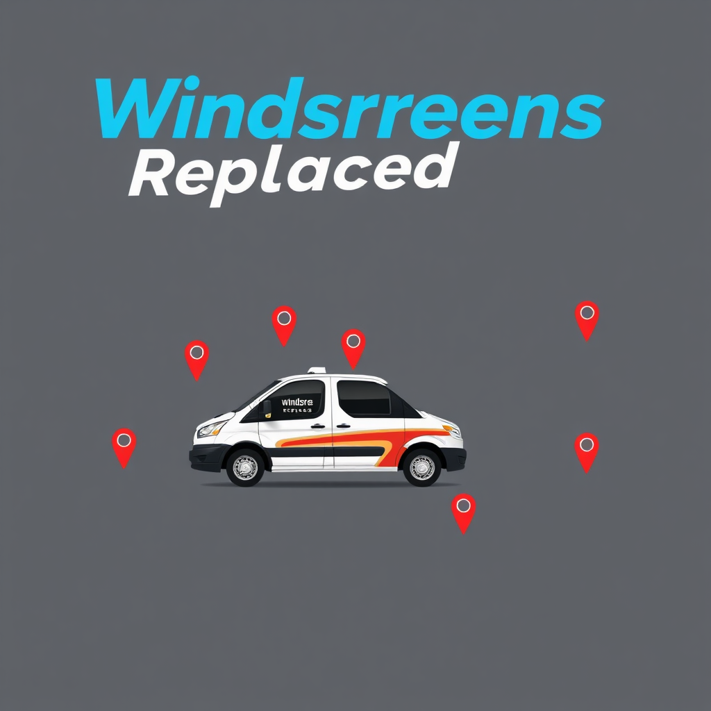 A stylized map of the service area covered by 'Windscreens Replaced', with pins indicating locations served. The style should be modern and clean, using the company's branding colors. Overlay a faint image of the service van. 4K resolution.