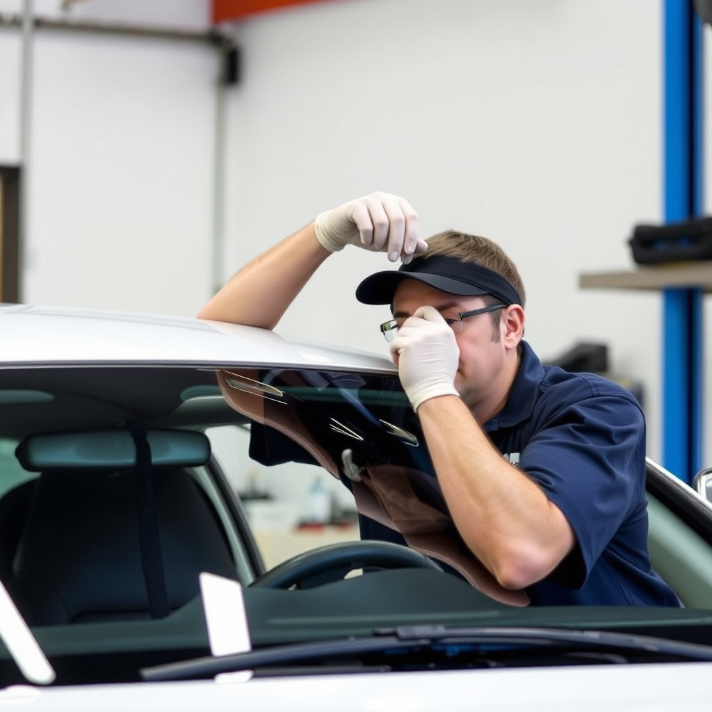 A technician expertly installing a new windscreen, with focus on the precision and quality of the materials. The background showcases a clean and organized workspace.