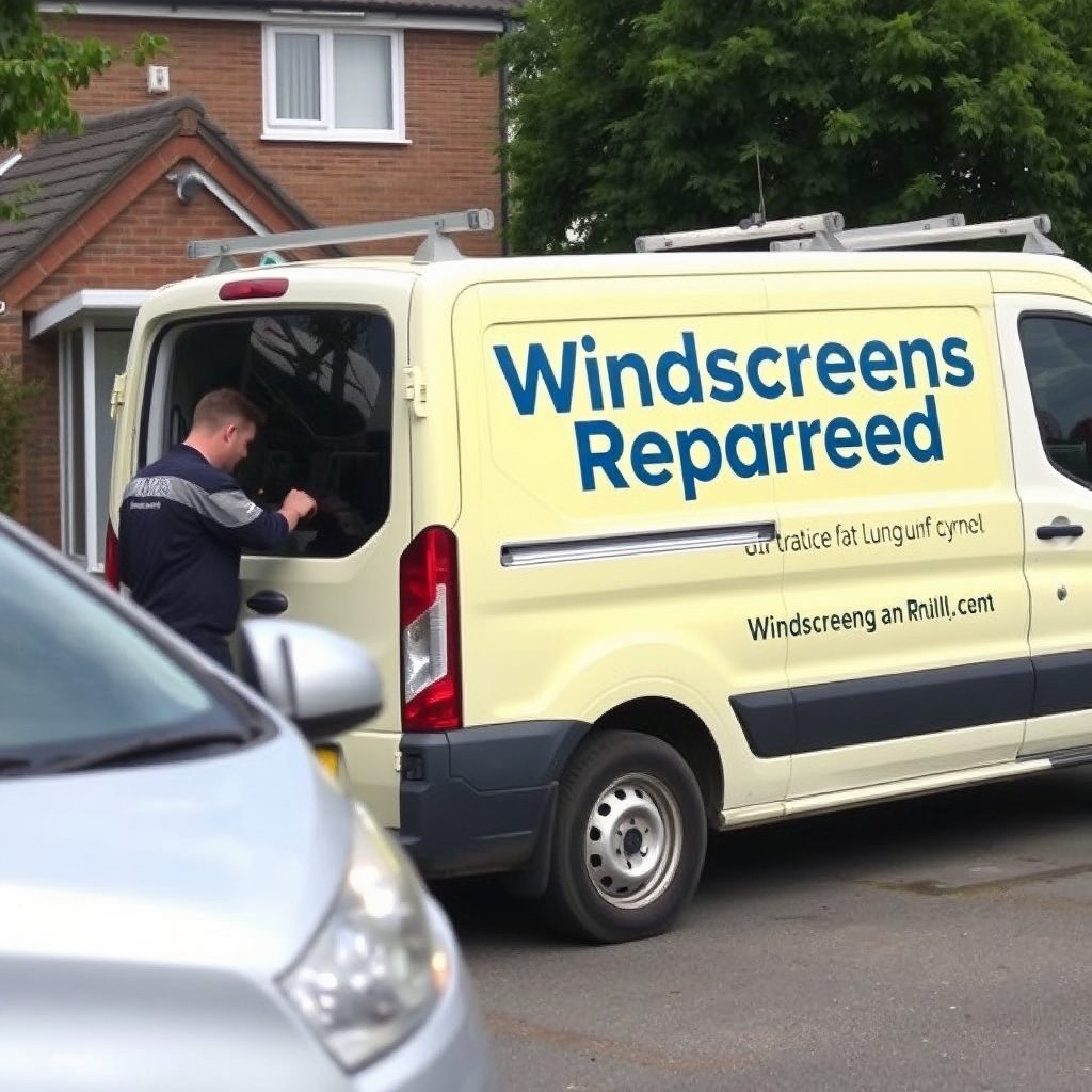 A 'Windscreens Replaced' van parked at a customer's location, with a technician working on a windscreen. The scene conveys the convenience and accessibility of the mobile service.