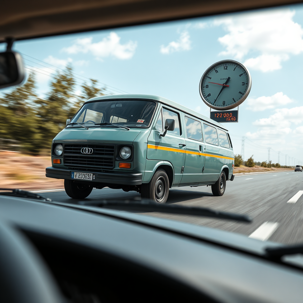 A 'Windscreens Replaced' van racing against the clock. The speedometer reads just a bit over the limit. The scene should be humorous yet convey the idea of speed and efficiency. Photorealistic. 4K resolution.