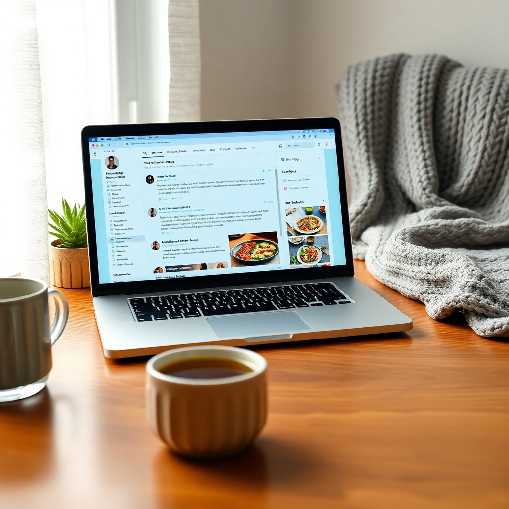 An ultra-high definition image depicting a vibrant and welcoming online keto community forum. The image should focus on a laptop screen showcasing a lively discussion thread filled with engaging comments and photos of keto-friendly meals. The screen's design is clean and modern, with a calming color palette of blues and greens. Soft, even lighting illuminates the laptop, avoiding harsh shadows. The perspective is a slightly elevated angle, looking down at the laptop on a wooden desk in a cozy home office setting. Visible textures include the smooth surface of the laptop, the grain of the wooden desk, and the soft texture of a knitted throw blanket partially visible in the background. The mood is positive, supportive, and encouraging. Environmental elements include a mug of herbal tea and a small succulent plant. The overall style should evoke a feeling of community and belonging, inspired by the imagery of successful online communities. The image should be hyperrealistic and ultra-detailed, rendered in 8K resolution.