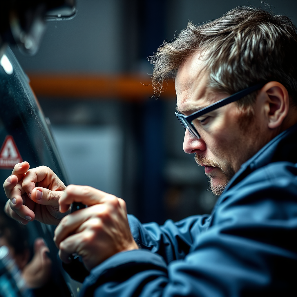  Close-up shot of a 'Windscreens Replaced' technician using precision tools to install a windscreen. The lighting is focused and highlights the technician's focused expression and the quality of the tools. Background subtly blurred. Photorealistic and high-resolution.