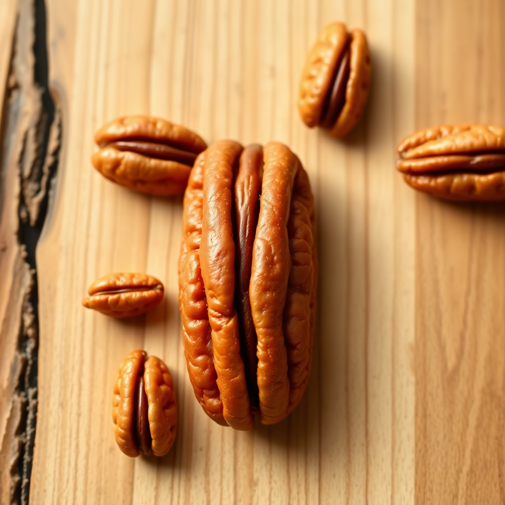 A close-up shot of a vibrant avocado half with olive oil drizzled over it, surrounded by a handful of almonds and walnuts, all on a rustic wooden surface, lit with natural sunlight, photorealistic style