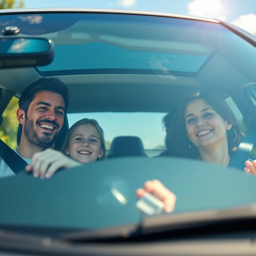 Image featuring a family driving safely in their car on a sunny day. The focus is on the clear windscreen and the expressions of contentment of the family members inside. The scene should convey safety and peace of mind. 4K resolution, photorealistic.