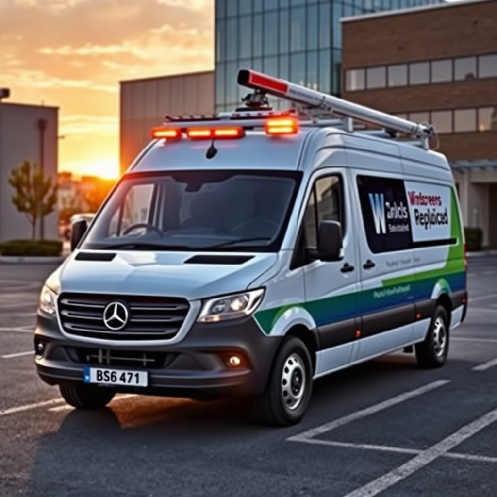 Image showing a fully equipped 'Windscreens Replaced' mobile unit (van) on a commercial location (e.g., office parking) while windscreen replacement/repair is ongoing. The sun is setting behind the buildings, and the van lights are on. Professional-looking with realistic features at 4K resolution.