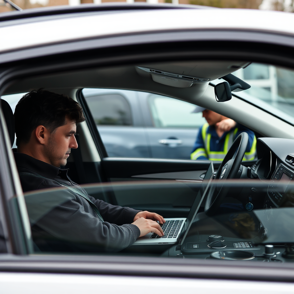 Photorealistic image of a busy individual working on a laptop inside their car, while a 'Windscreens Replaced' technician works on the windscreen just outside. The scene conveys minimal disruption to the individual's work. Lighting should be soft and natural. 4K resolution.