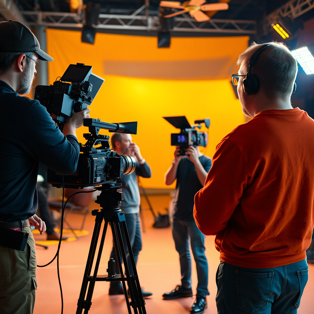  A behind-the-scenes shot of a professional film set. A content creator is being filmed by a skilled camera crew, with a lighting technician adjusting the lights and a sound engineer monitoring the audio. The scene is vibrant and energetic, showcasing the teamwork and expertise involved in professional content creation. The color palette is warm and inviting, emphasizing the collaborative nature of the process.