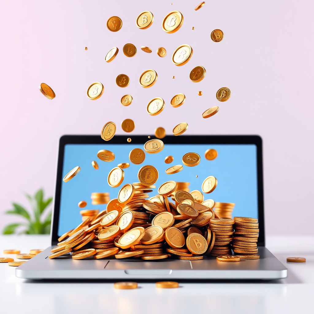 A cascade of coins and digital currency flowing from a content creator's laptop or smartphone. The scene is vibrant and energetic, emphasizing the potential for monetization and revenue generation. The color palette is bright and optimistic, symbolizing financial success.