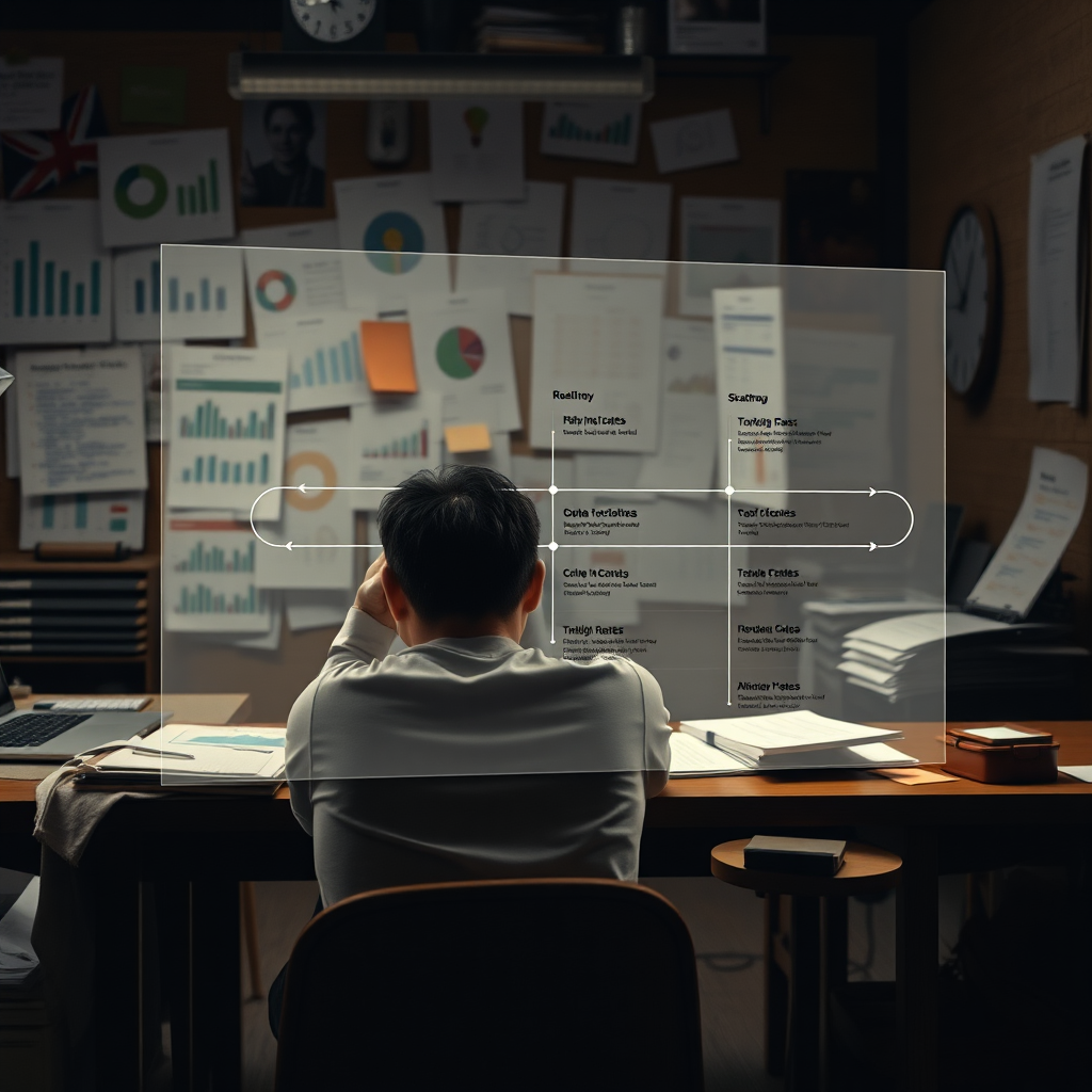  A photorealistic image depicting a content creator sitting at a table, frustrated and overwhelmed by charts and data. Overlayed on top of this scene is a translucent projection of a clear, concise roadmap with key milestones highlighted. The color palette is initially muted and chaotic, then transitions to bright and organized as the roadmap appears. The scene emphasizes the contrast between DIY confusion and strategic clarity.