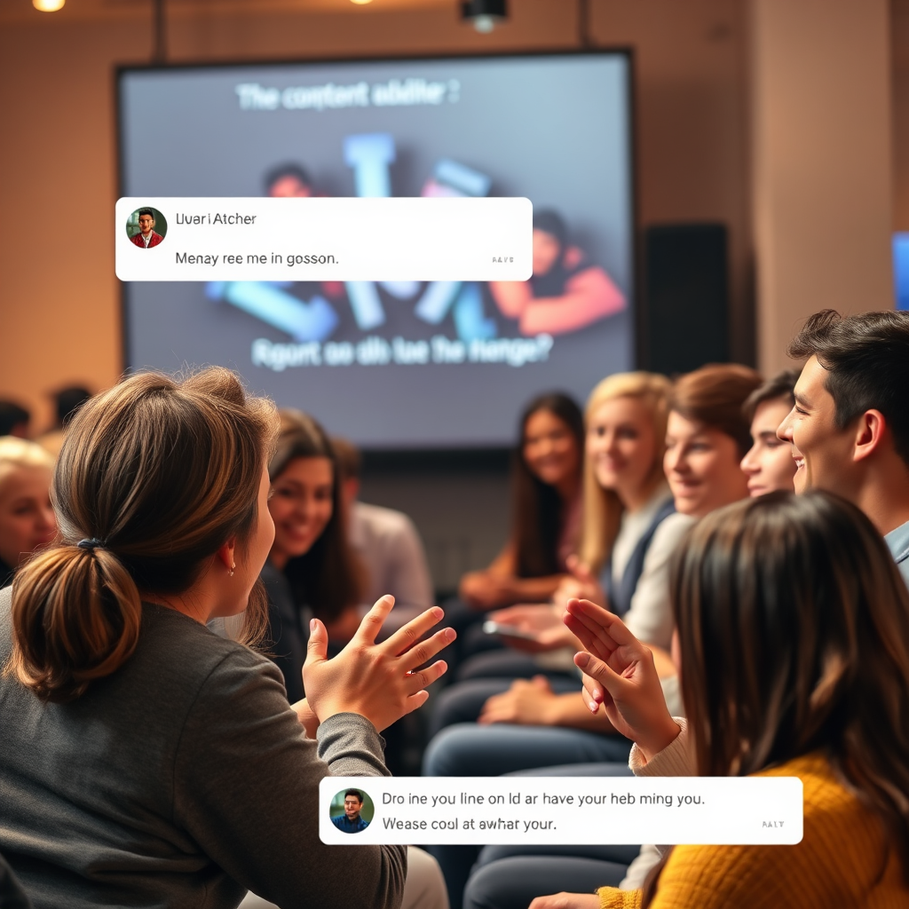A photorealistic image depicting a content creator interacting with their audience during a live stream or online event. The audience members are engaged and enthusiastic, leaving comments and sending messages of support. The scene is warm and inviting, emphasizing the importance of audience engagement.