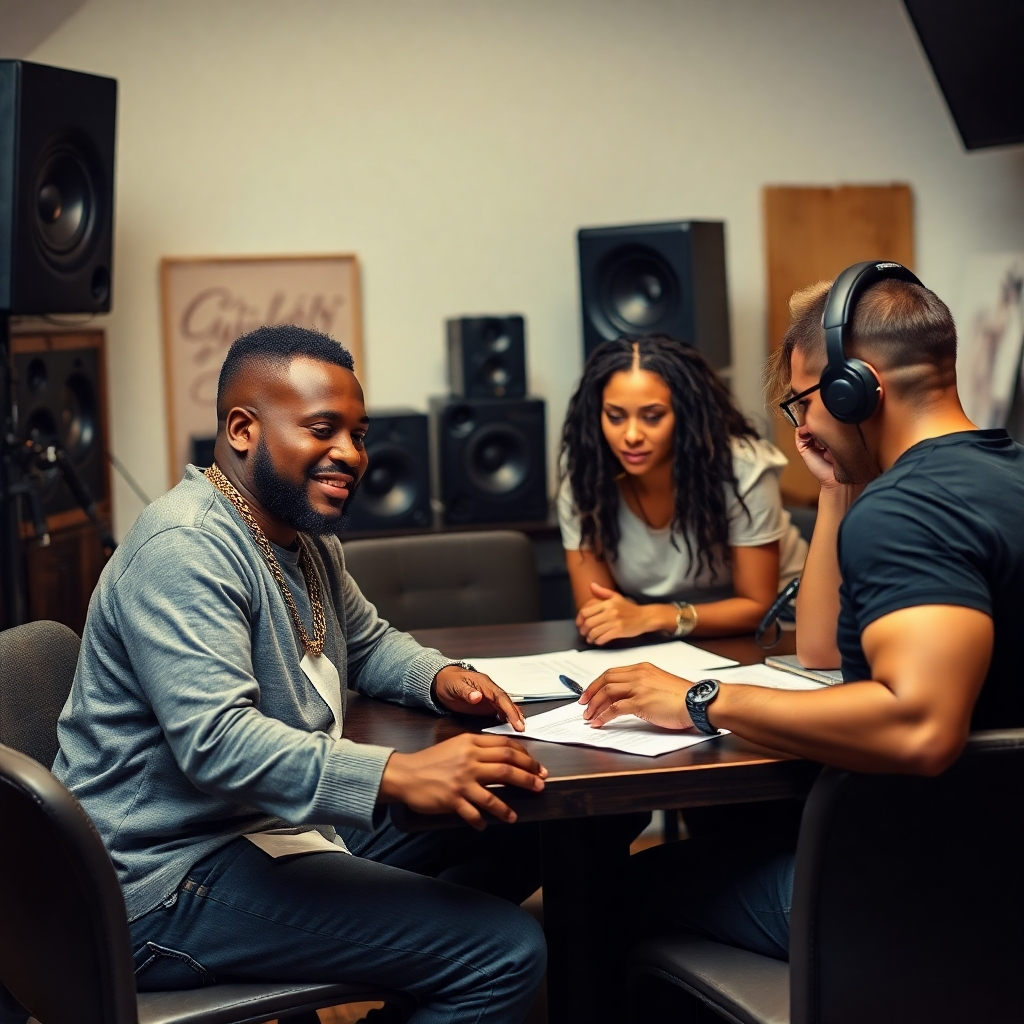 A photorealistic image of a Dynasty Entertainment artist working collaboratively with the label's team. This could show studio sessions, artistic planning meetings or other important collaborations. It should feel organic and show a real-life setting.