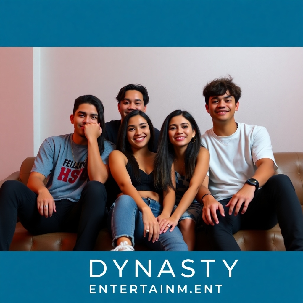 A photorealistic image of the newest artists to join Dynasty Entertainment. The setting could be a casual, friendly environment to showcase their personalities, highlighting their individuality.