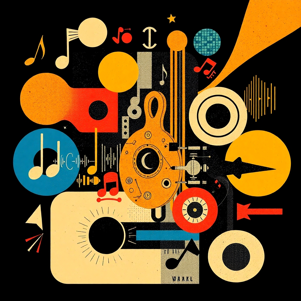 An image combining various musical elements and sounds, represented in a striking visual format. The image might be abstract, perhaps showcasing a modern collage of sounds represented by shapes, colors, and textures.