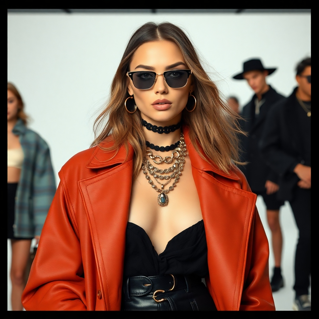 A fashion editorial-style image featuring a model wearing a variety of trendy outfits and accessories. Dramatic lighting, high fashion aesthetic.