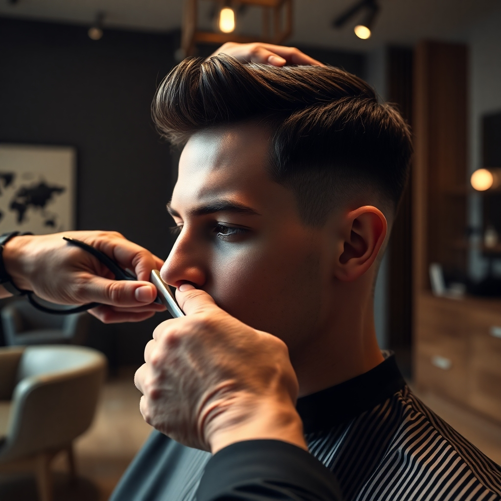 A photorealistic, 8K resolution image depicting a close-up of a client receiving a haircut from a barber in a modern, minimalist salon. Soft, diffused lighting illuminates the scene, casting a warm, inviting glow. The color palette is neutral and sophisticated, with natural wood tones and muted greys. The barber's hands are meticulously detailed, showcasing their expertise. The client's hair is thick and healthy, styled in a classic, elegant fashion. The background features sleek, modern furniture and subtle decor. Camera angle: slightly elevated, over the shoulder of the client.  The overall mood is calm and professional. Style reference: Annie Leibovitz's portrait style. Texture and material details should be hyperrealistic: individual strands of hair, the smooth surface of the barber tools, the texture of the client's skin, and the wood grain of the furniture. The scene should evoke feelings of confidence, relaxation and elegance.