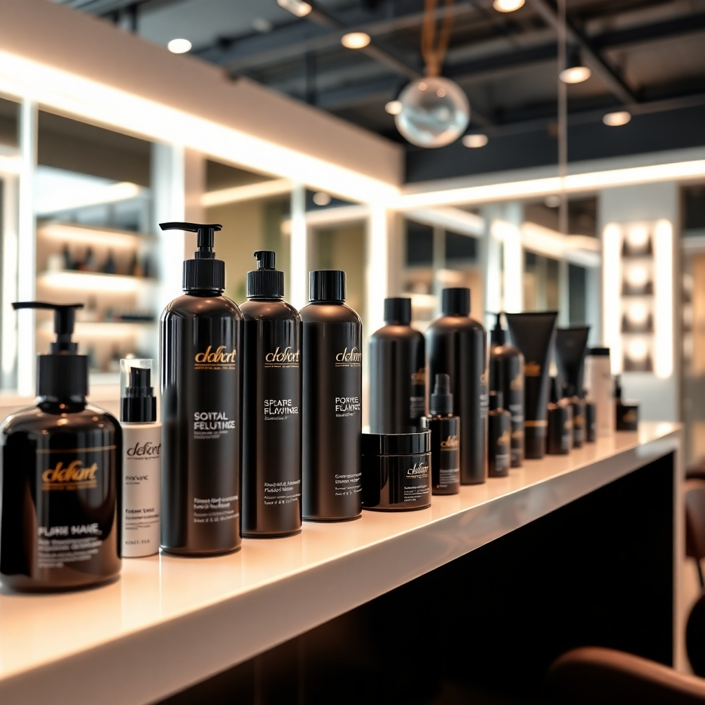 A photorealistic close-up shot showcasing a variety of high-end hair and beauty products displayed elegantly on a clean, modern shelf in a unisex salon. The image should highlight the product packaging design, emphasizing quality and luxury. The background should subtly showcase the stylish salon interior. High resolution, sharp focus, good lighting, highlighting the product details and textures.