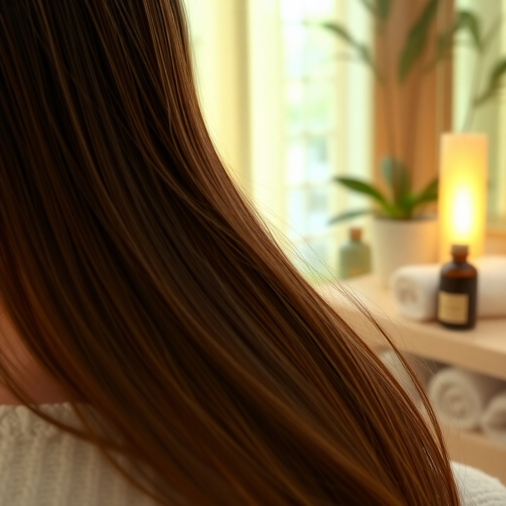 A photorealistic image, 8k resolution, focusing on a client's hair undergoing a deep conditioning treatment in a calming spa-like salon setting. Soft, warm lighting bathes the scene, creating a relaxing atmosphere. The color palette consists of soothing pastels: light greens, creams, and blues. Close-up view of the hair, showcasing its texture and the application of the conditioning mask. The mask itself should appear rich and creamy. The background should be slightly blurred but feature plush towels, essential oil diffusers, and calming plants. Camera angle: slightly elevated, focusing on the client's hair. The overall mood should be serene and peaceful. Style reference: work of fashion photographer, Patrick Demarchelier.  The image needs to be hyperrealistic, with a focus on the texture of the hair, the glistening sheen of the conditioning treatment and the softness of the towels.