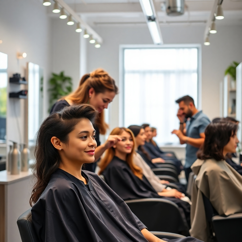 A photorealistic image depicting a diverse group of people&nbsp;– men, women, and non-binary individuals –&nbsp;receiving hair services from skilled stylists in a modern, clean, and welcoming unisex hair salon. The salon should have stylish decor, and the stylists should appear professional and friendly. The lighting should be bright and natural, highlighting the salon's atmosphere and the quality of the hair services being provided. Focus on the expressions of satisfaction and relaxation on the clients' faces. High resolution, 8k quality