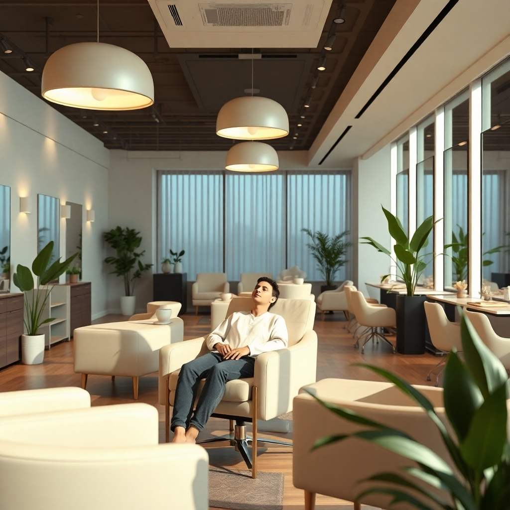 A photorealistic image depicting a serene and modern unisex salon interior. Focus on comfortable seating, soft lighting, calming color palettes (neutrals, pastels), and subtle natural elements like plants. A client is comfortably seated, relaxing and enjoying a head massage. The overall mood should be peaceful and luxurious.