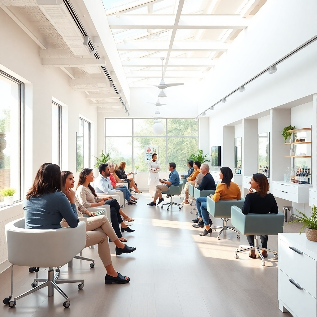 A photorealistic image of a bright, airy, and modern unisex salon interior. The image should show diverse clientele comfortably seated, engaging in conversation and enjoying the atmosphere.  The design should be clean and minimalist, with natural light streaming in.  The overall vibe should be one of calm and inclusivity. High resolution, 8k quality