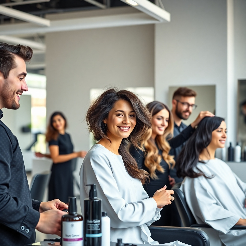 A photorealistic image of a diverse team of male and female hair stylists smiling and working on clients of different genders and hair types in a modern, bright unisex salon.  The salon should have sleek, minimalist design with natural light. High-end hair products are subtly visible.