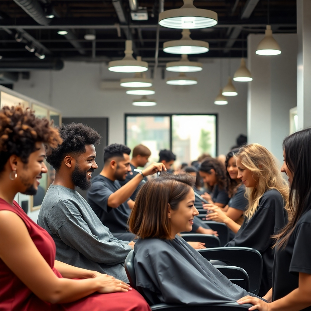 A photorealistic image of a diverse group of people&nbsp;– men and women with various hair textures and styles&nbsp;–&nbsp;receiving haircuts and styling from skilled stylists in a modern, clean, and brightly lit unisex salon. The stylists should be smiling and interacting with clients, showcasing a welcoming and inclusive atmosphere. The salon should feature stylish, modern decor. High resolution, sharp focus, vibrant colors.