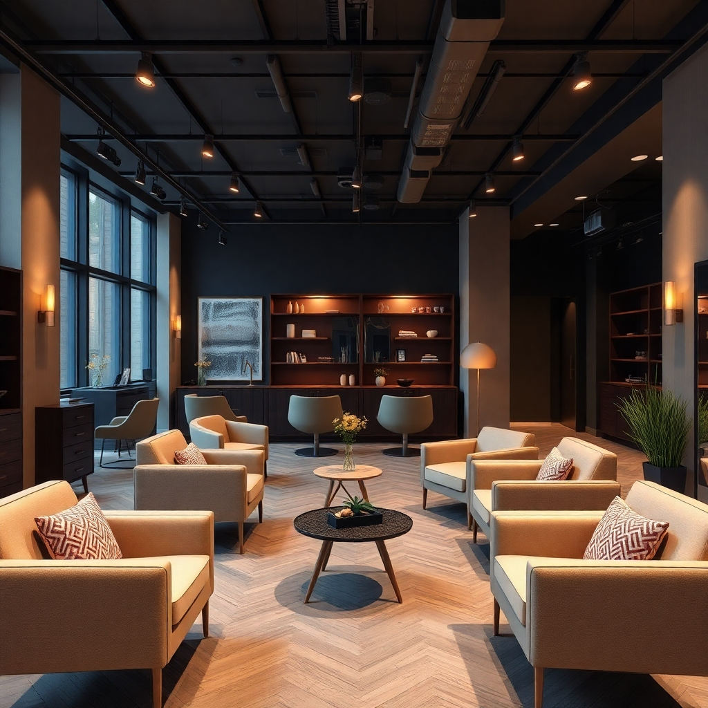 A photorealistic image of a modern and inviting unisex salon interior. The image should feature comfortable seating areas, stylish decor, and subtle lighting, conveying a sense of relaxation and sophistication. It should showcase the salon's ambience and commitment to client comfort, reflecting modern interior design trends. High resolution, sharp focus, natural and warm lighting.
