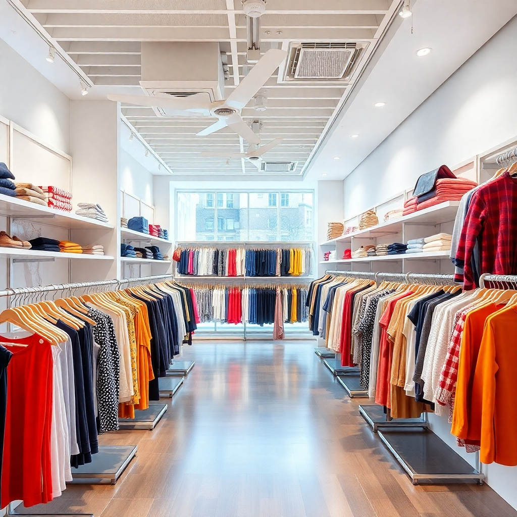A photorealistic image of a modern, well-organized clothing store, showcasing a variety of clothing items attractively displayed. The image should be bright, clean, and inviting, creating a visually appealing shopping experience.