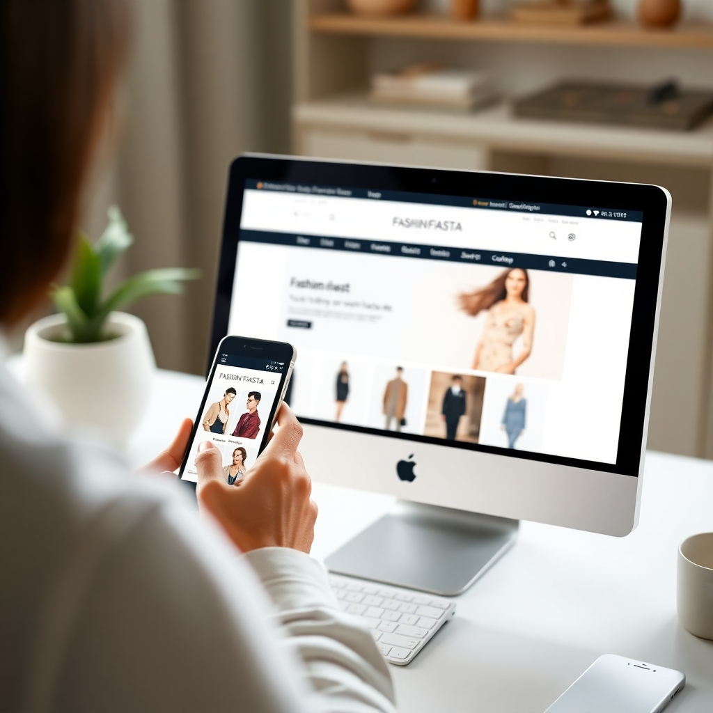 A photorealistic image of a person using a smartphone or computer to browse the Fashion Fiasta website; the interface should look stylish and user-friendly. Soft lighting.