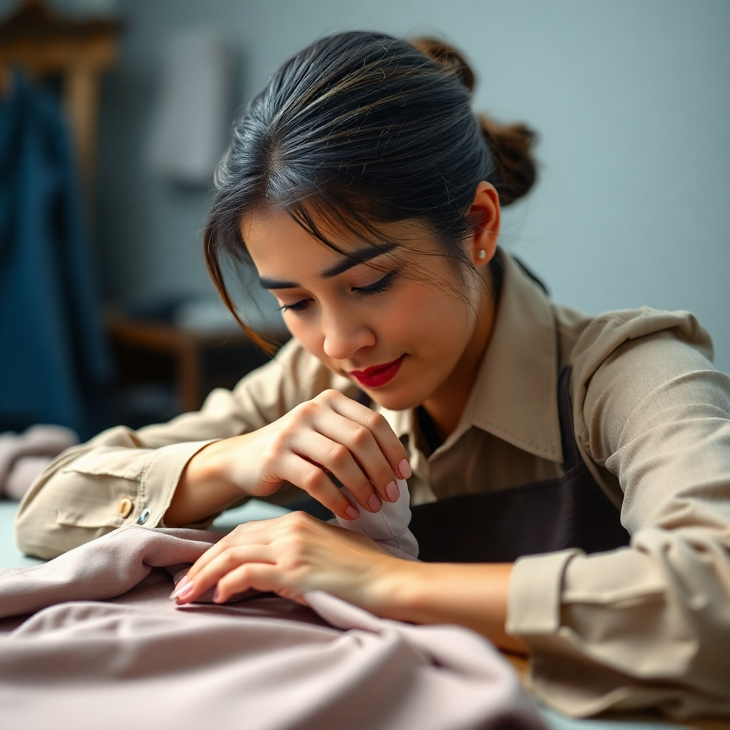 A photorealistic image of a seamstress meticulously working on a piece of clothing. The image should convey precision and quality.